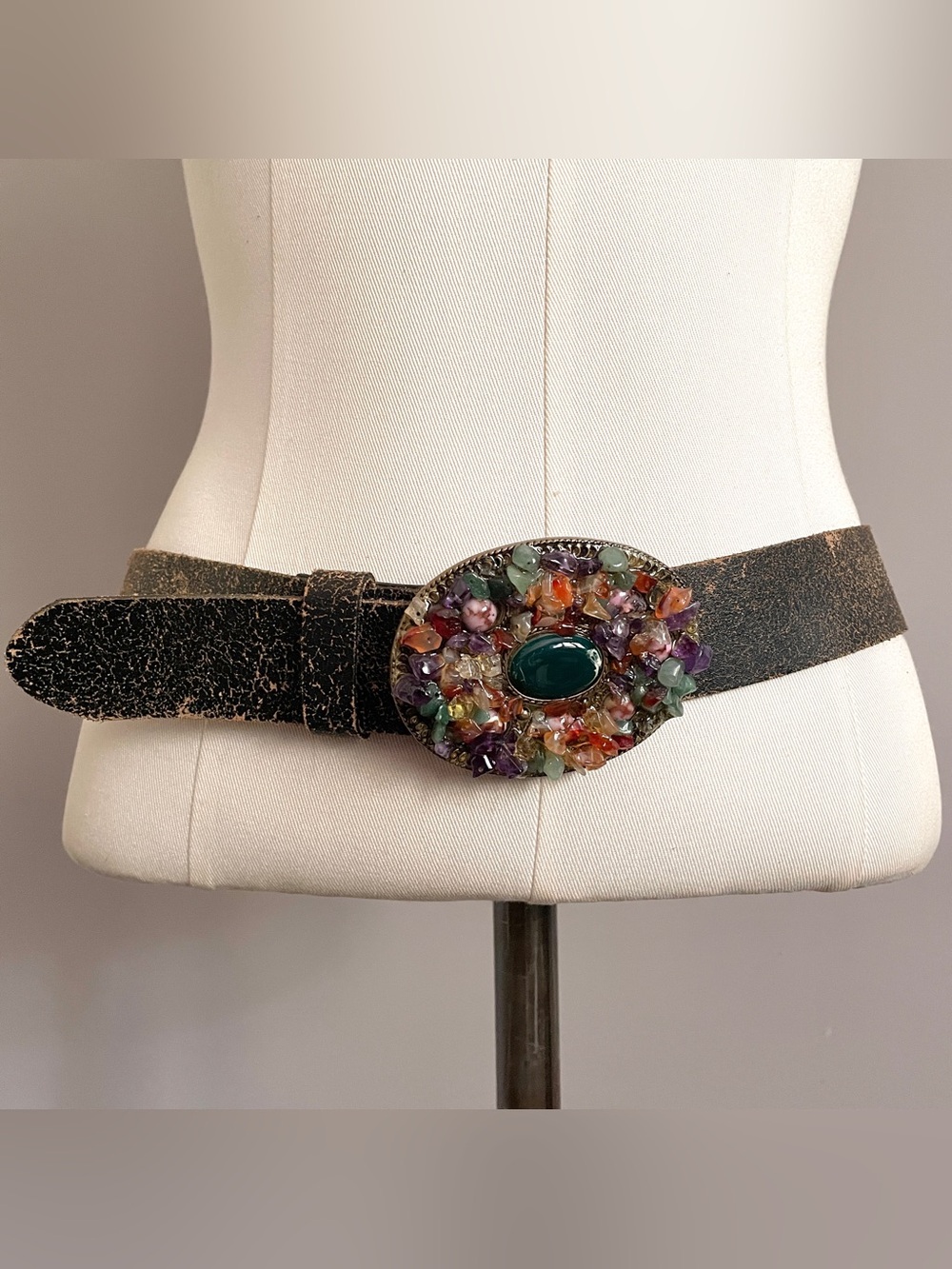 Distressed Brown Leather Belt Stone Encrusted Oval Belt - Small 🇨🇦